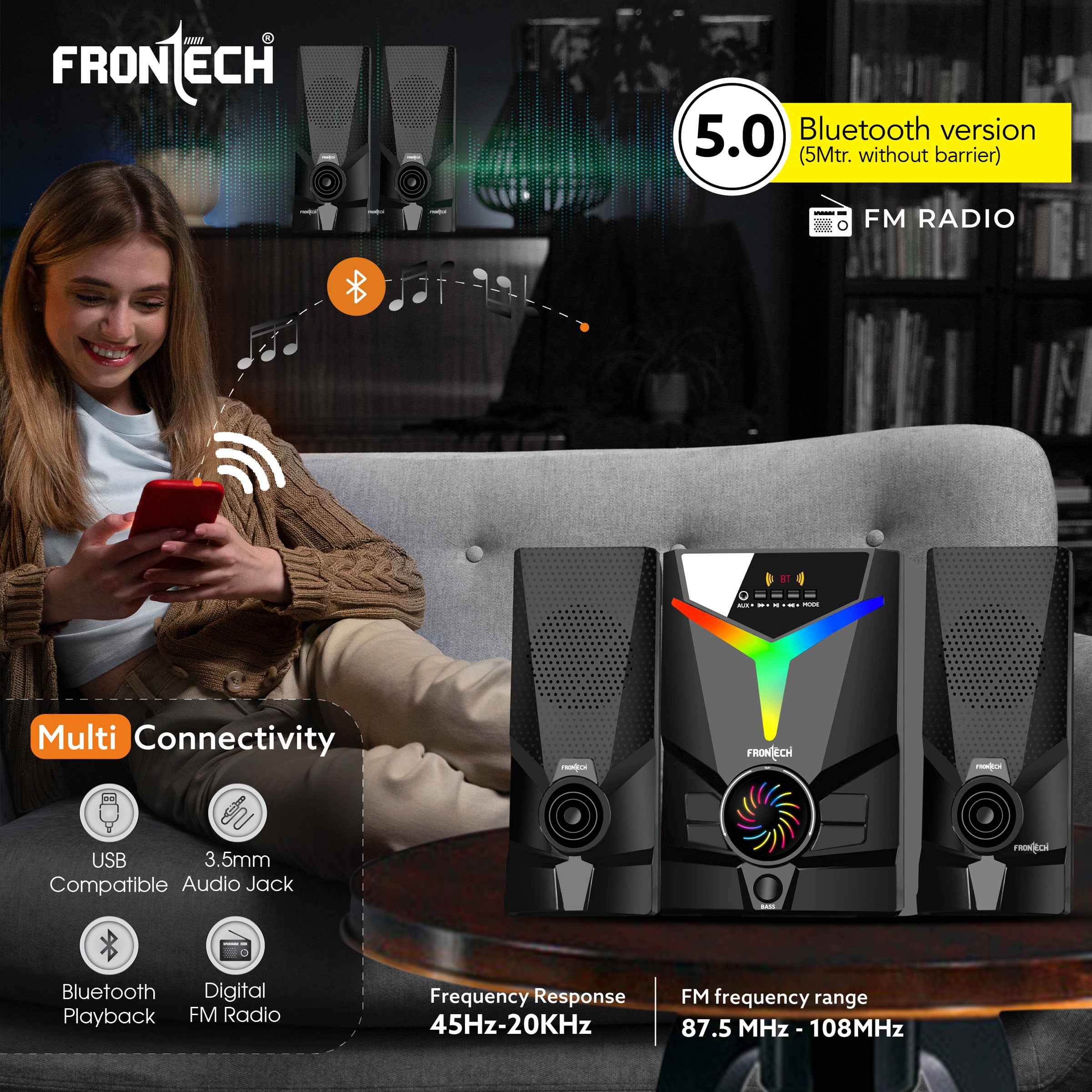FRONTECH 60W Bluetooth 5.0 Multimedia Speaker| Powerful Bass | 4.1 Channel |Surround Sound System | USB | AUX | FM Radio | Wireless Remote Control for Home & Office (SW-0155) FRONTECH 60W Bluetooth 5.0 Multimedia Speaker| Powerful Bass | 4.1 Channel |Surround Sound System | USB | AUX | FM Radio | Wireless Remote Control for Home & Office (SW-0155)